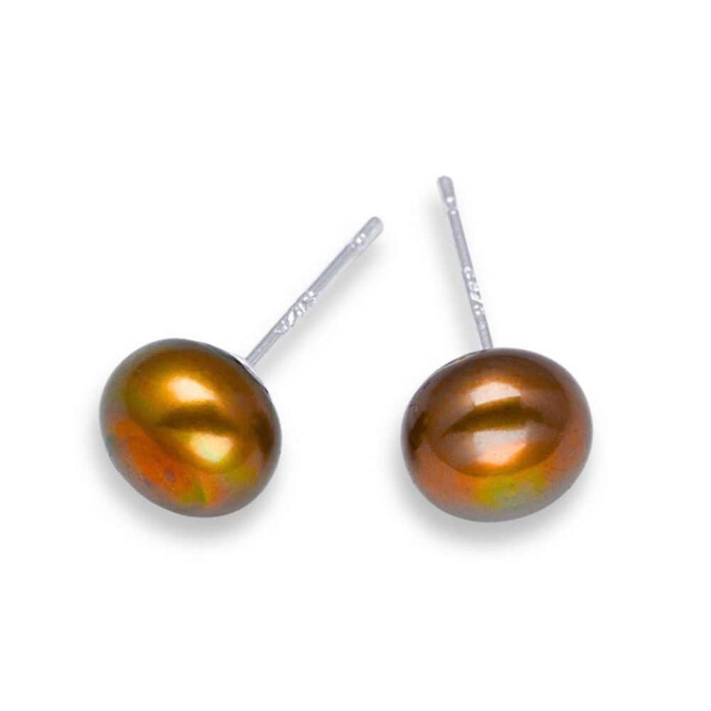 7mm Copper Brown Freshwater Pearl Stud Earrings – Sterling Silver Post – Classic